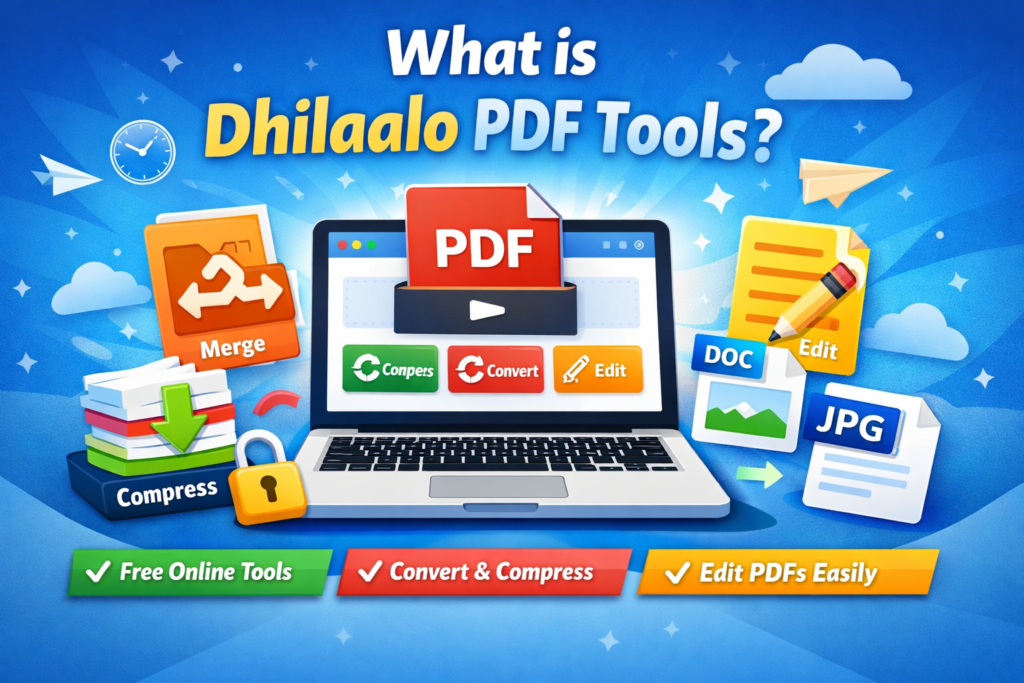 Dhilaalo PDF Tools dashboard showing PDF editing, compression, and conversion features online